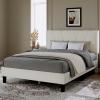 imageNovilla Queen Bed Frame with Headboard Linen Upholstered Bed Frame Queen Size with Wood Slats Support No Box Spring Needed Heavy Duty Feet Easy Assembly BeigeWhite Velvet