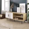 imageNovilla TV Stand for TVs up to 50 Inches Modern Barn Door Entertainment Center TV Console TV Table with Storage Bookcase Shelf for Living Room 43 Inches BrownWhite