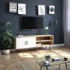 imageNovilla TV Stand for TVs up to 50 Inches Modern Barn Door Entertainment Center TV Console TV Table with Storage Bookcase Shelf for Living Room 43 Inches BrownWhite