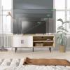 imageNovilla TV Stand for TVs up to 50 Inches Modern Barn Door Entertainment Center TV Console TV Table with Storage Bookcase Shelf for Living Room 43 Inches BrownWhite