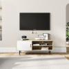 imageNovilla TV Stand for TVs up to 50 Inches Modern Barn Door Entertainment Center TV Console TV Table with Storage Bookcase Shelf for Living Room 43 Inches BrownWhite