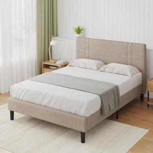 imageNovilla Full Size Bed Frame Upholstered Platform Bed Frame Full Bed Frame with Headboard No Box Spring Needed NoiseFree Easy Assembly GrayLight Beige