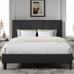 imageNovilla Queen Bed Frame with Headboard Linen Upholstered Bed Frame Queen Size with Wood Slats Support No Box Spring Needed Heavy Duty Feet Easy Assembly BeigeDark Grey