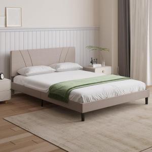 imageNovilla Queen Bed Frame with Headboard Linen Upholstered Bed Frame Queen Size with Wood Slats Support No Box Spring Needed Heavy Duty Feet Easy Assembly BeigeLight Beige