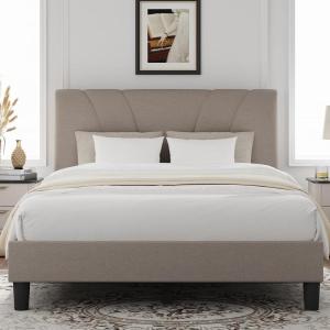 imageNovilla Queen Bed Frame with Headboard Linen Upholstered Bed Frame Queen Size with Wood Slats Support No Box Spring Needed Heavy Duty Feet Easy Assembly BeigeBeige