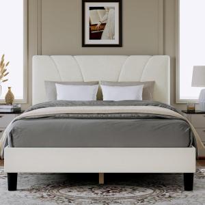 imageNovilla Queen Bed Frame with Headboard Linen Upholstered Bed Frame Queen Size with Wood Slats Support No Box Spring Needed Heavy Duty Feet Easy Assembly BeigeWhite Velvet