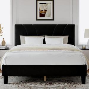 imageNovilla Queen Bed Frame with Headboard Linen Upholstered Bed Frame Queen Size with Wood Slats Support No Box Spring Needed Heavy Duty Feet Easy Assembly BeigeBlack Velvet