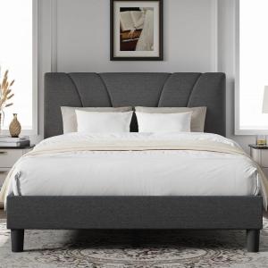 imageNovilla Queen Bed Frame with Headboard Linen Upholstered Bed Frame Queen Size with Wood Slats Support No Box Spring Needed Heavy Duty Feet Easy Assembly BeigeGrey