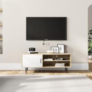 imageNovilla TV Stand for TVs up to 65 Inches Modern Barn Door Entertainment Center TV Console TV Table Storage Bookcase Shelf for Living Room 58 Inches WalnutWhite