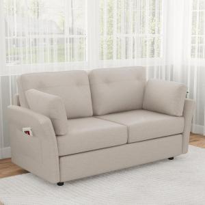 imageNovilla 57quot Linen Loveseat  Small Sofa w 2 Bolster Pillows for Apartment Easy Assembly Beige