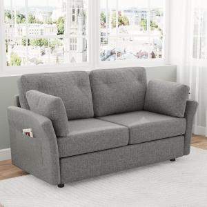 imageNovilla 57quot Loveseat Sofa for Living Room Linen Fabric Upholstered Small Couch With 2 Bolster Pillows for Apartment Bedroom Toolless Assembly Grey