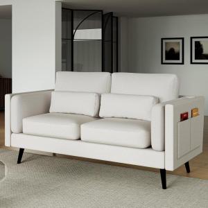 imageNovilla 685 Inch Modern Loveseat Sofa Couches Small Sofa with 2 Waist Pillows Natural Linen Upholstered Couch for Living Room Bedroom and Apartment Solid Wood Frame Easy to Install White