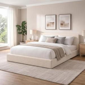 imageNovilla King Size Bed Frame Plush CloudSoft Bed Corduroy Upholstered Platform Bed Frame with Headboard Easy Assembly No Box Spring Needed Modern Soft Bed Frame WhiteWhite