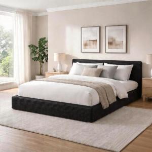 imageNovilla King Size Bed Frame Plush CloudSoft Bed Corduroy Upholstered Platform Bed Frame with Headboard Easy Assembly No Box Spring Needed Modern Soft Bed Frame WhiteBlack