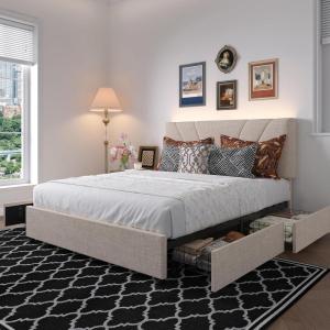 imageNovilla Queen Bed Frame with Drawers Queen Bed Frame with Headboard LED Bed Frame Queen Size Charging Station and Adjustable Headboard Bed Frame Queen Size No Box Spring Needed BeigeBeige