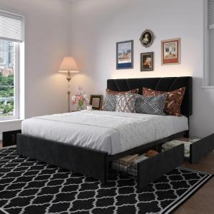 imageNovilla Queen Bed Frame with Drawers Queen Bed Frame with Headboard LED Bed Frame Queen Size Charging Station and Adjustable Headboard Bed Frame Queen Size No Box Spring Needed BeigeBlack Velvet