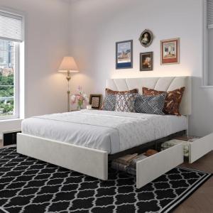 imageNovilla Queen Bed Frame with Drawers Queen Bed Frame with Headboard LED Bed Frame Queen Size Charging Station and Adjustable Headboard Bed Frame Queen Size No Box Spring Needed BeigeWhite Velvet