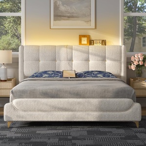 image:imageNovilla Queen Bed Frame with Charging Station amp LED Lights Upholstered French Luxury Platform Bed with Wingback Headboard Lamb Wool Fabric No Box Spring Needed Easy Assembly Cream WhiteKing