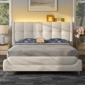 image:imageNovilla Queen Bed Frame with Charging Station amp LED Lights Upholstered French Luxury Platform Bed with Wingback Headboard Lamb Wool Fabric No Box Spring Needed Easy Assembly Cream WhiteFull