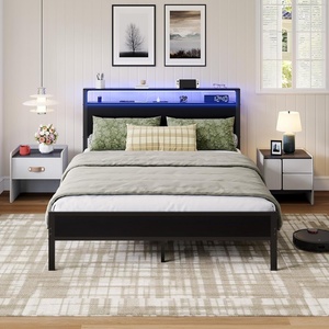 image:imageNoviila Twin Bed Frame with LED Lights and Charging Station Metal Platform Bed with 2Tier Storage Headboard Smart Music Sync ToolFree Assembly No Box Spring Needed BlackQueen